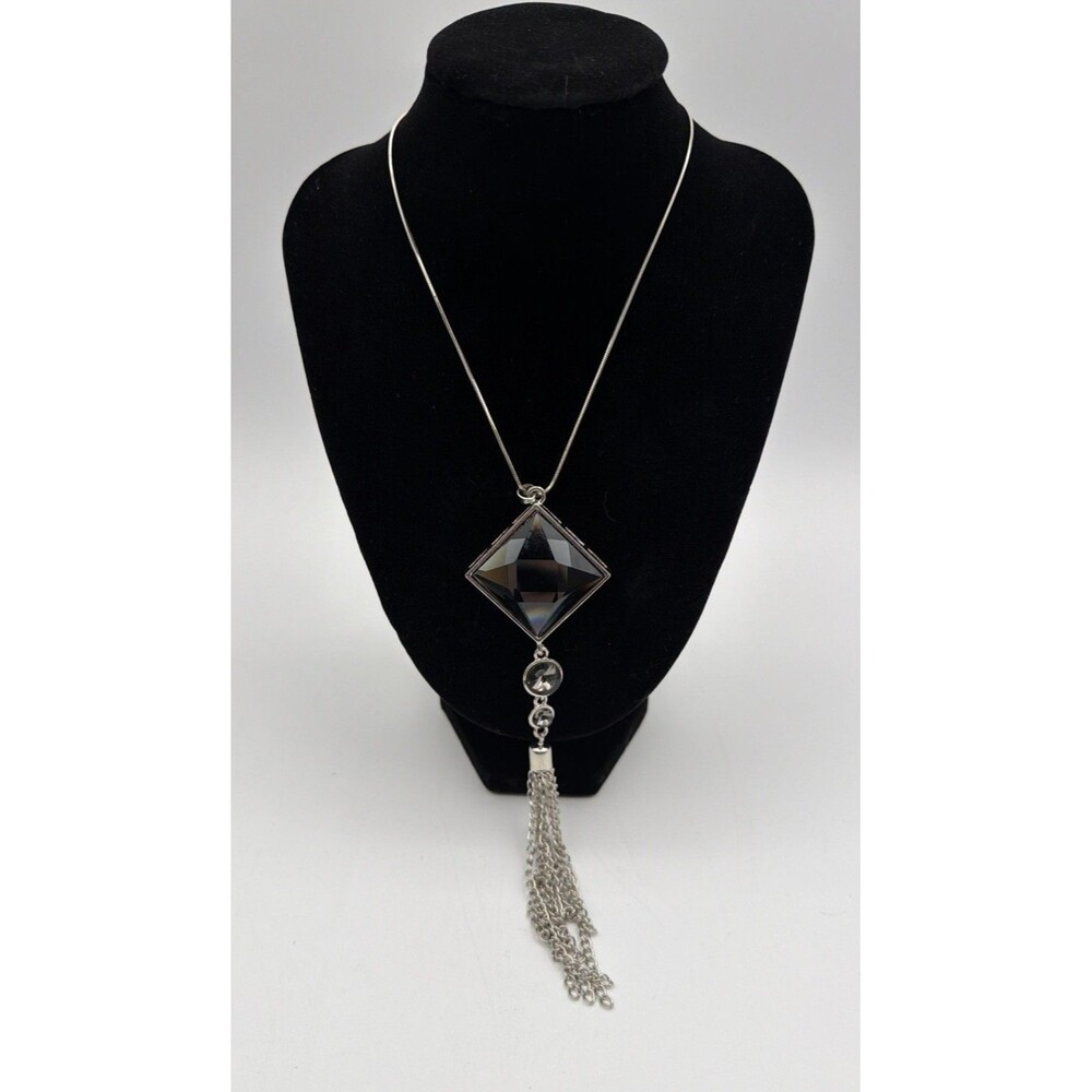 Silver Tone Geometric Pendant Necklace Faceted Black Crystal Tassel Statement